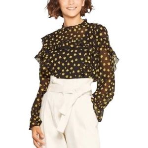 NEW Who What Wear Sheer Black Long Sleeve Yellow Tulip Ruffle Top M